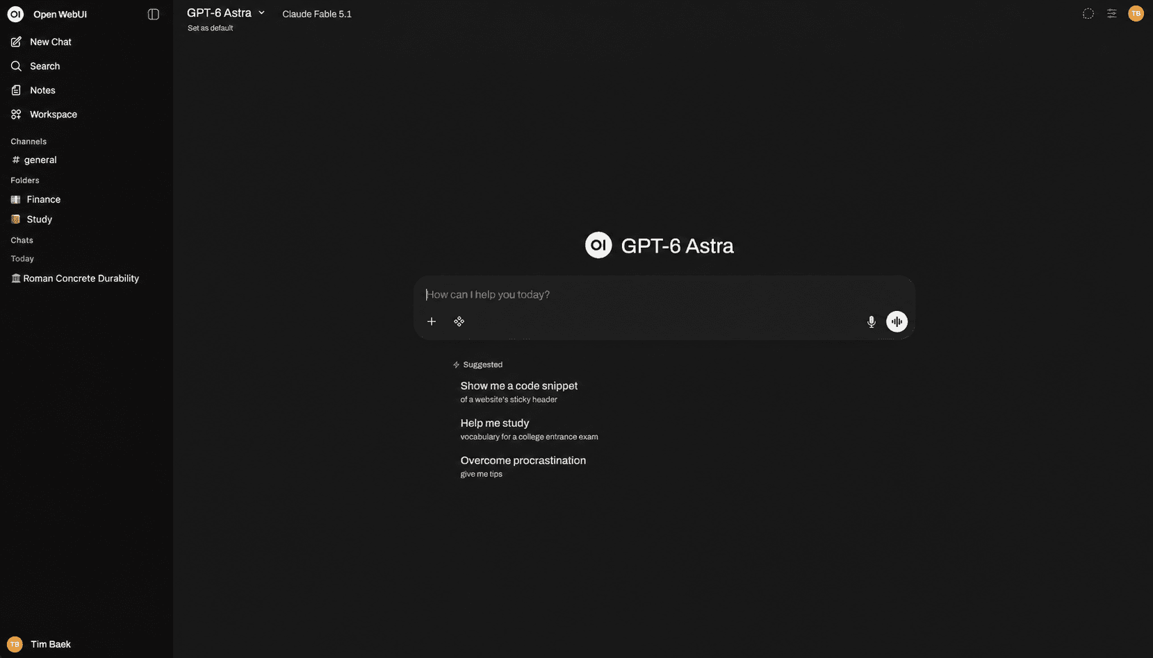 使用 GPT-6 Astra 与 Claude Fable 5.1 的 AI 对话界面(明亮展示)